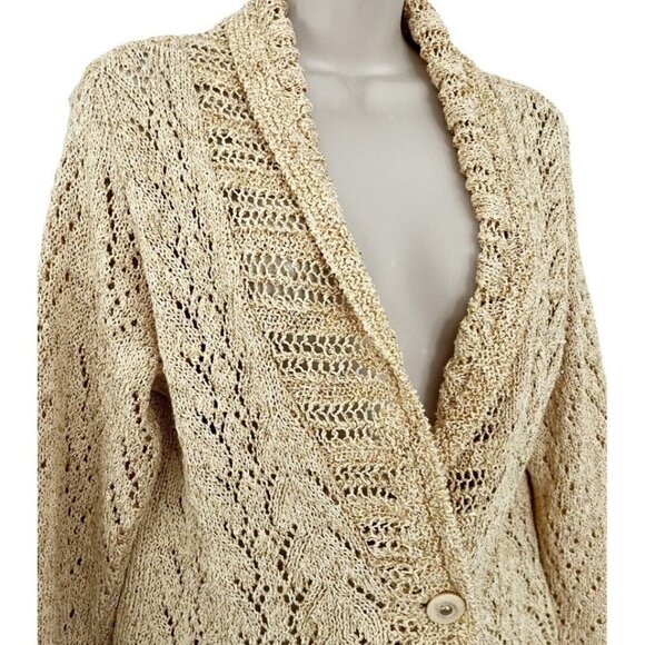 Coldwater Creek Women's Sz M Yellow Crochet Knit Cardigan Sweater Shawl Collar - Picture 2 of 7